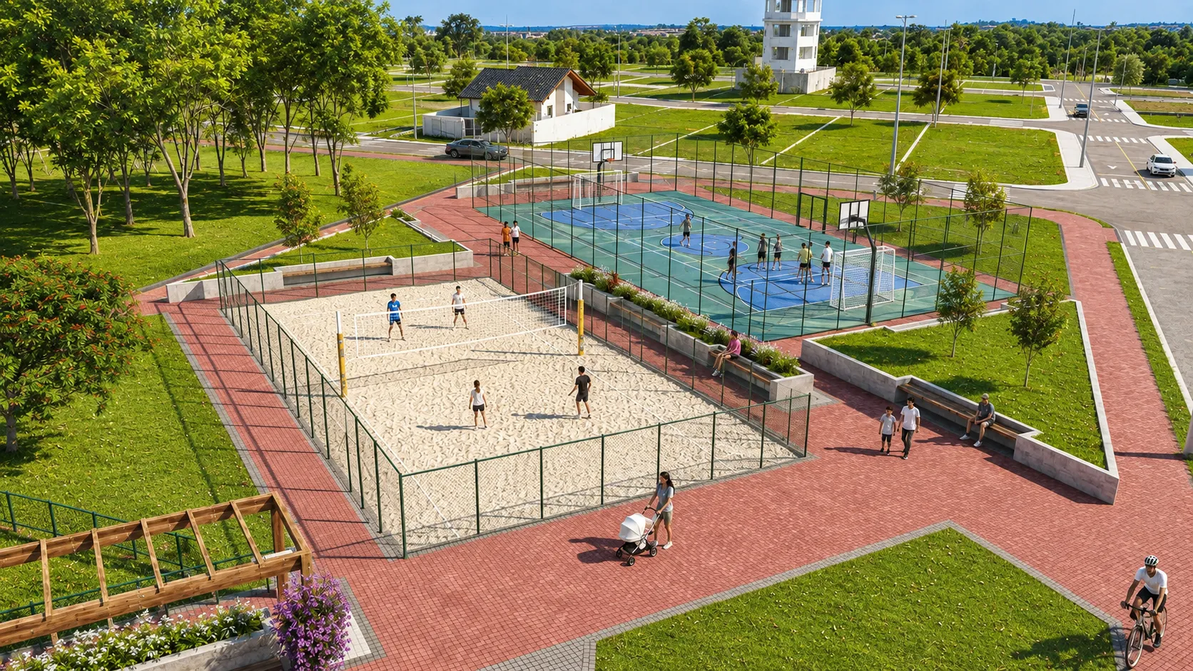 Perspectiva ilustrativa: Quadras de areia e poliesportiva