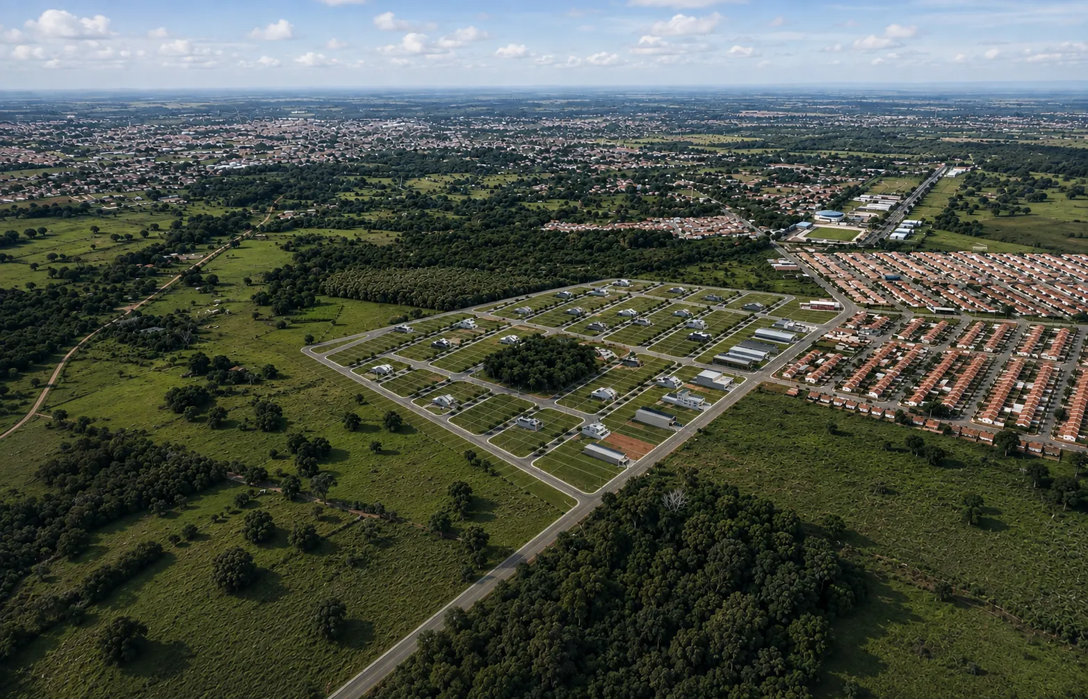 Perspectiva ilustrativa: Bairro com área verde preservada
