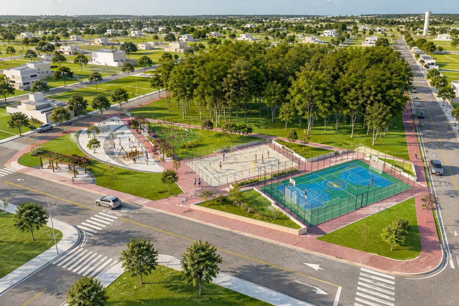 Perspectiva ilustrativa: Vista aérea da praça e área de lazer