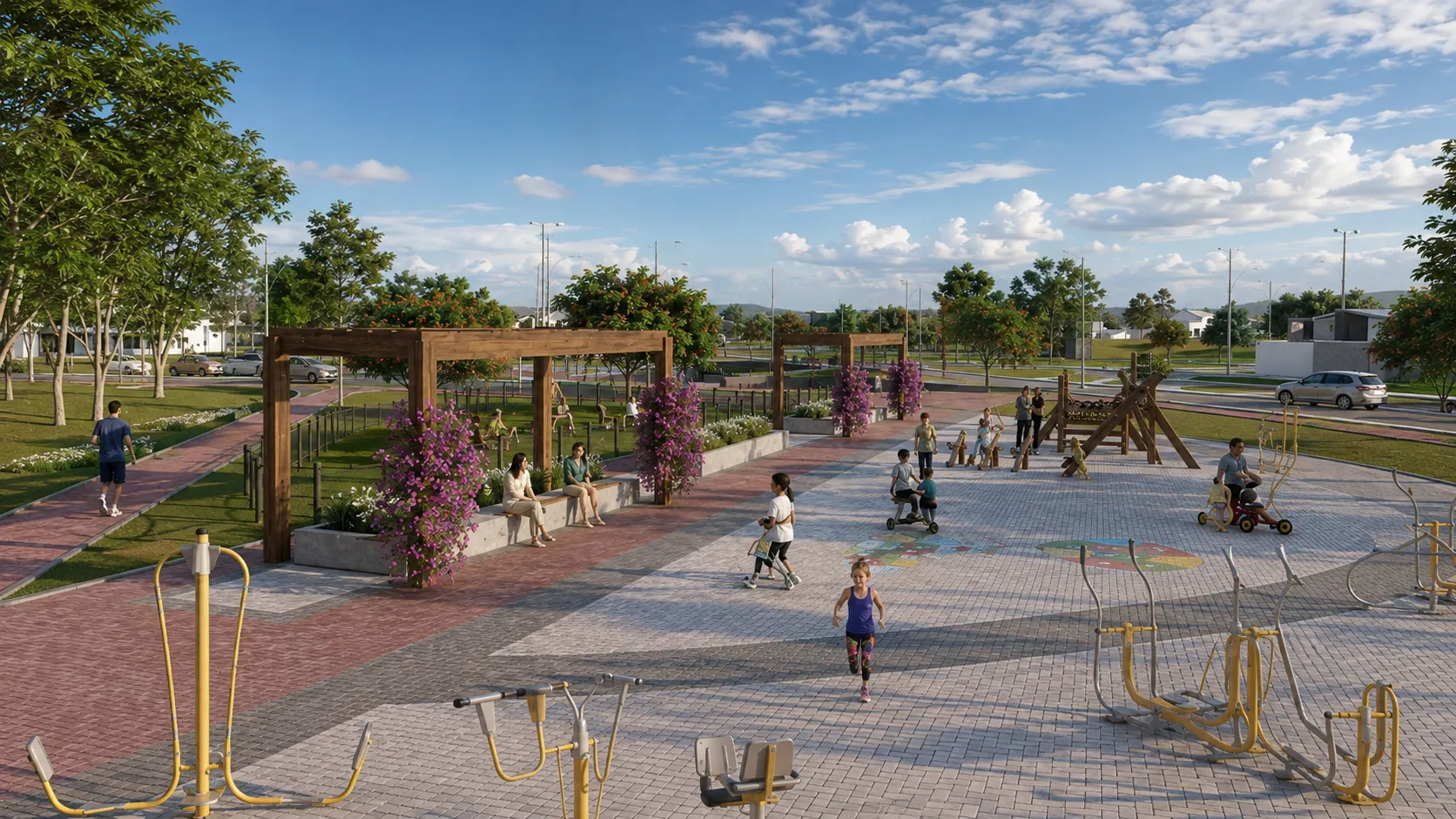 Perspectiva ilustrativa: Playground e pérgolas da praça